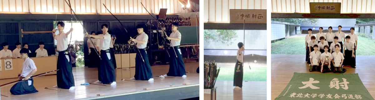 左：競技中の様子 、中央：清水主将納射の様子、右：集合写真